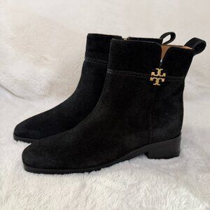 Tory Burch Everly Black Suede Gold Logo Flat Boots Size: 7